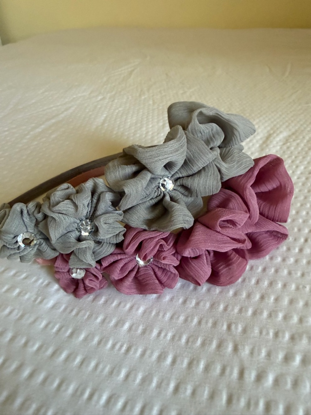 Women's Floral Fabric Headband in Gray and Mauve with Rhinestone Centers